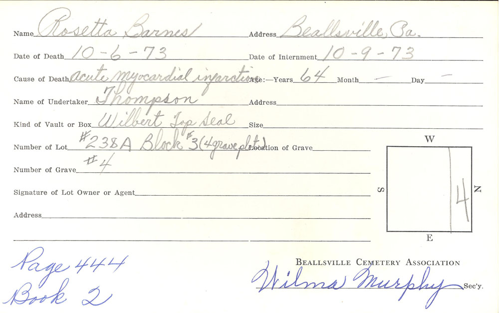 Rosetta Barnes burial card
